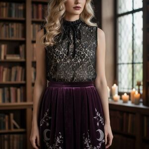 Whimsigoth Victorian Black Floral Lace Mock Neck Velvet Tie Goth Top Medium